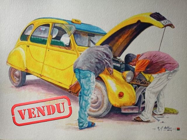 Réparation 2cv JAUNE Aquarelle sur papier